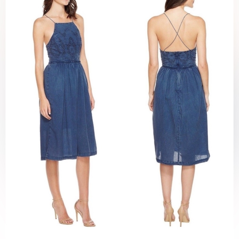 Lucky Brand Schiffly Bib Dress in Indigo Blue 100% Cotton size Large